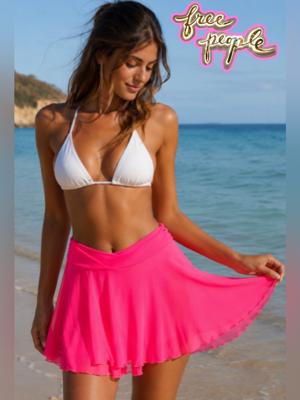 New Free People Intimately Neon Pink Faux Wrap Mesh Mini Skirt CoverUp Medium